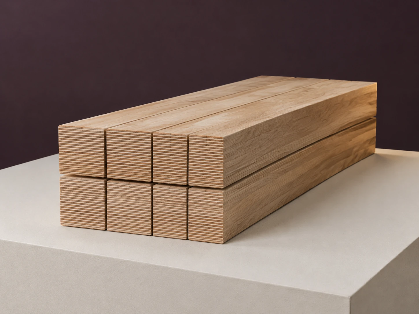 LVL beams stacked in two layers, ends showing parallel veneer plies
