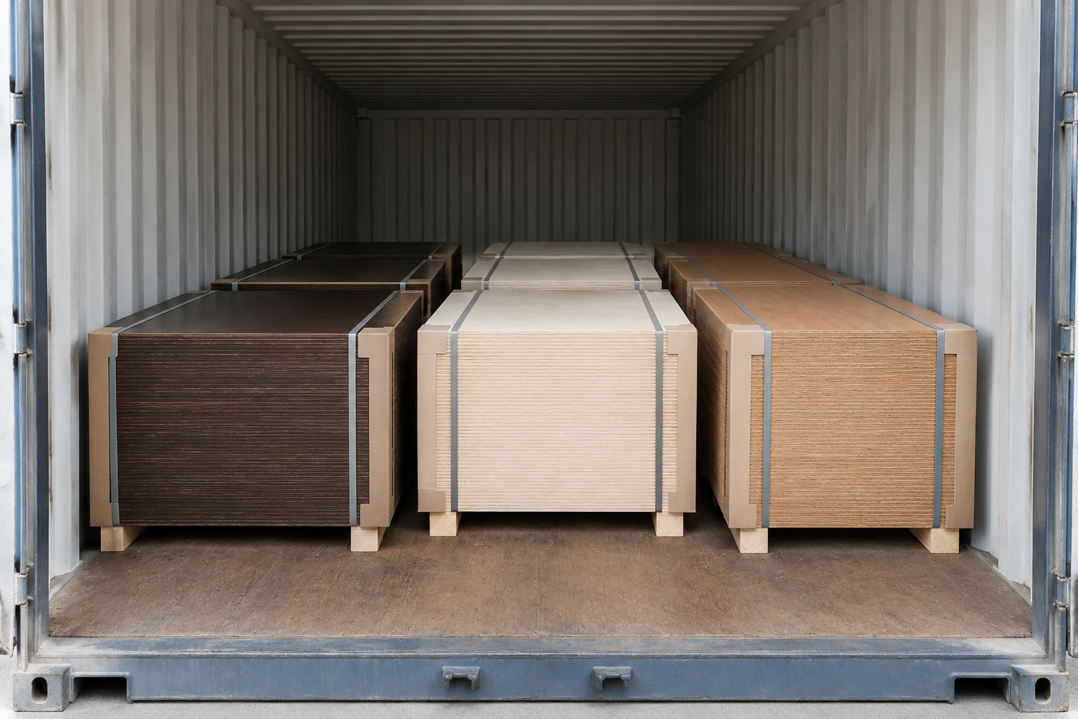 Inside a shipping container: bundles of film-faced, birch-faced and packing plywood on wooden bearers with corner protectors and steel straps