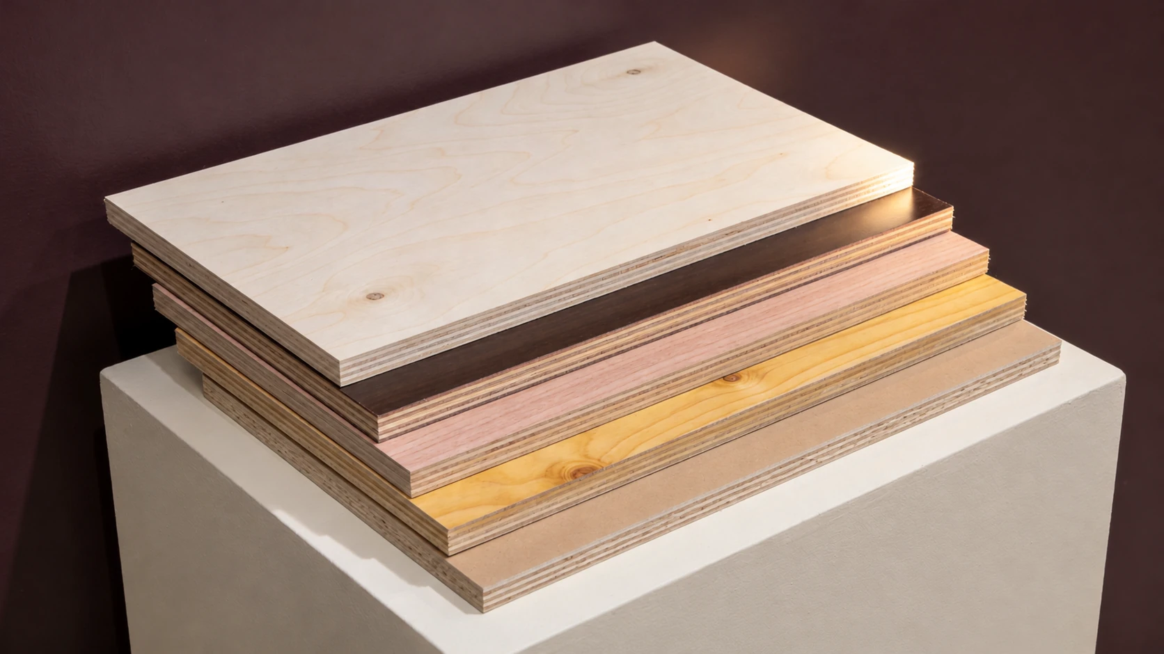 Five plywood panels stacked on a plaster plinth against an aubergine wall: birch-faced, dark brown film-faced, okoume-faced, pine-faced and plain packing plywood, thin plies visible on every edge